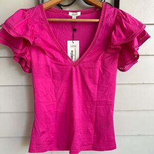 Hot Pink Blouse Double Layered Ruffle Sleeve VNeck Top Size Small by Ladaire NWT